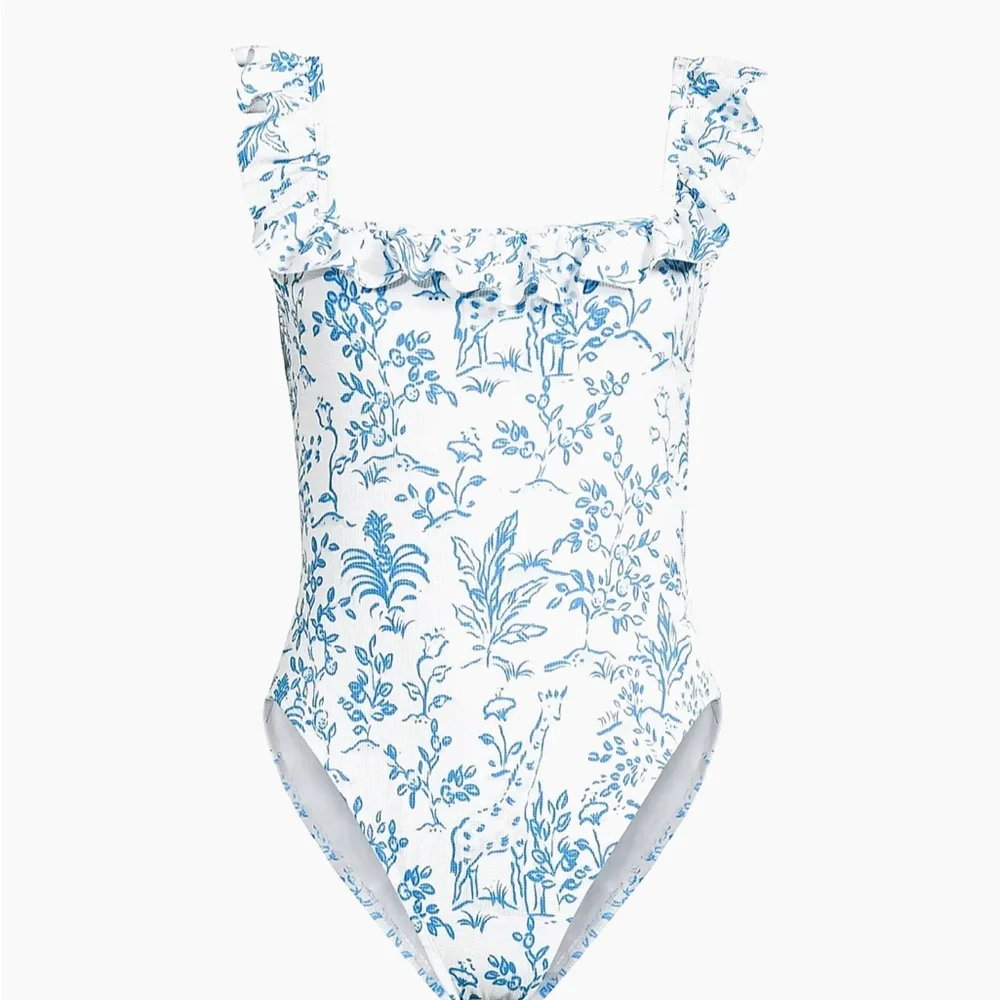 Lilly Pulitzer Aemma Ruffle One-Piece Swimsuit Resort White Tall Tales" print. - Picture 5 of 10